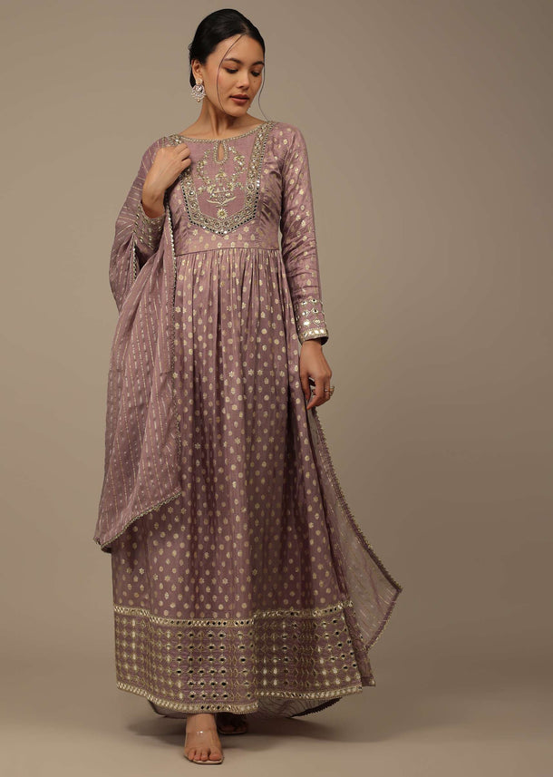 Onion Pink Embroidered Palazzo Suit Set In Banarasi Brocade Silk