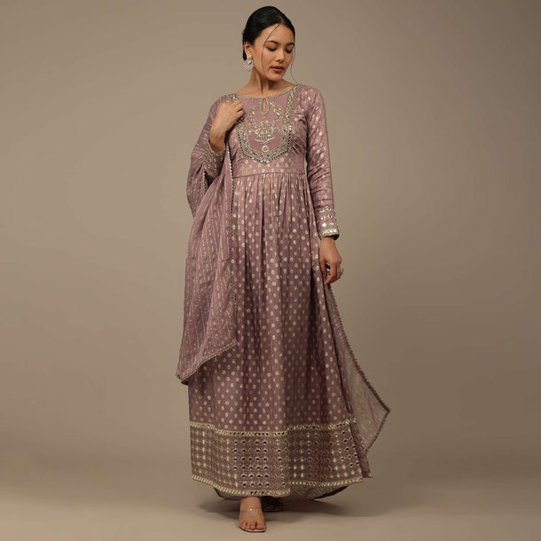 Onion Pink Embroidered Palazzo Suit Set In Banarasi Brocade Silk