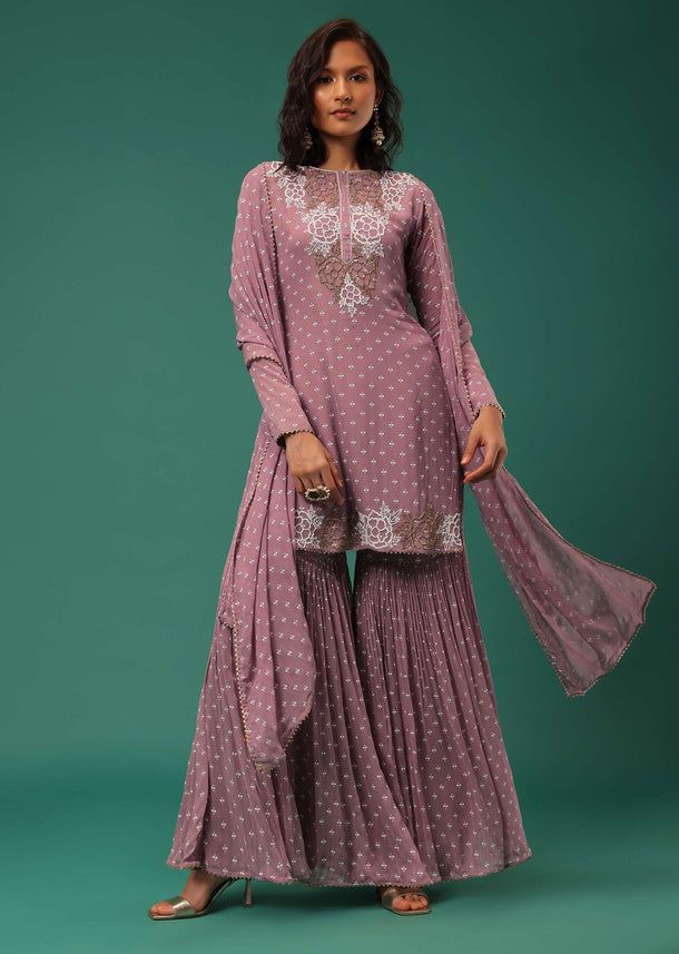 Onion Pink Embroidered Sharara Suit Set In Georgette With Hand Block Print