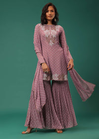 Onion Pink Embroidered Sharara Suit Set In Georgette With Hand Block Print