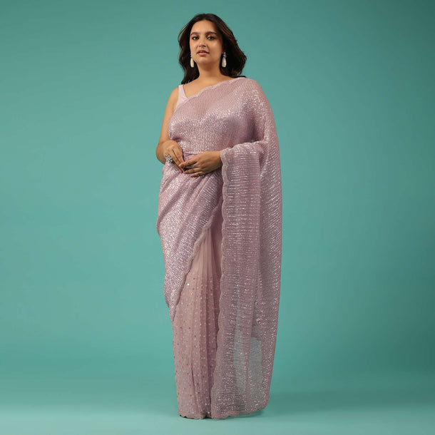 Onion Pink Embroidery Sequins And Organza Saree