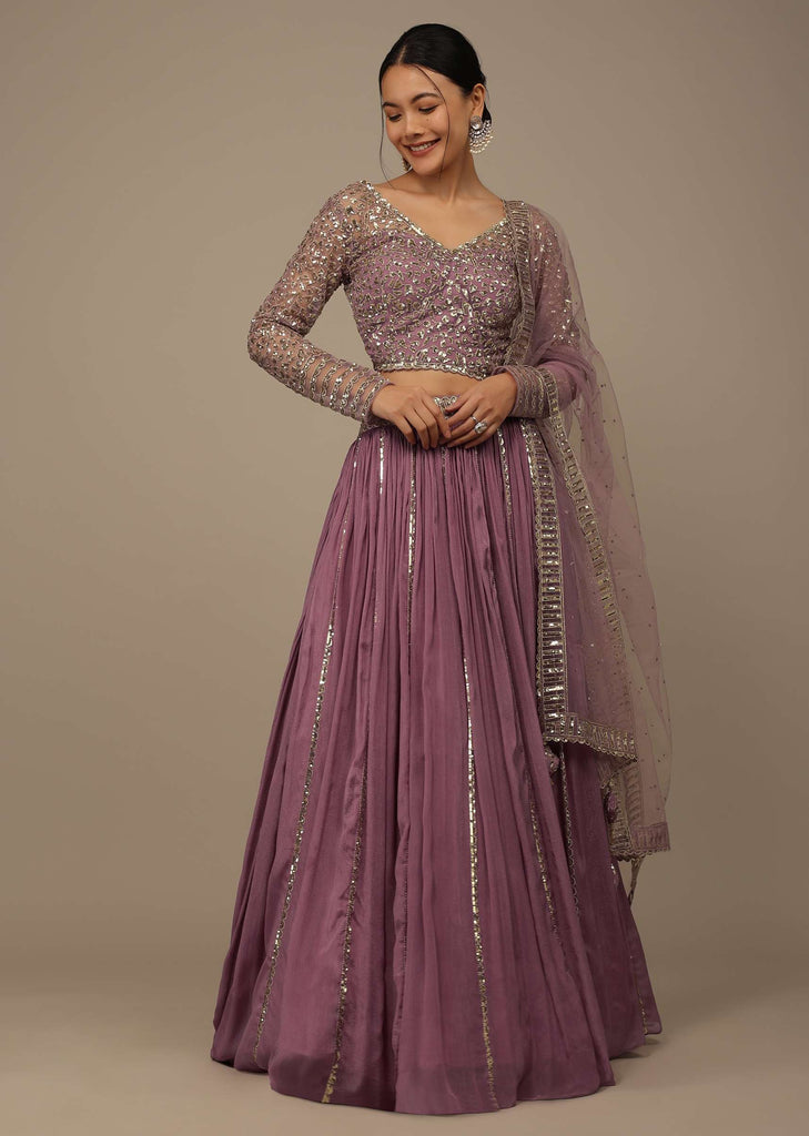 Onion Pink Festive Sequins And Zari Embroidered Lehenga Set In Chinon