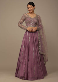 Onion Pink Festive Sequins And Zari Embroidered Lehenga Set In Chinon