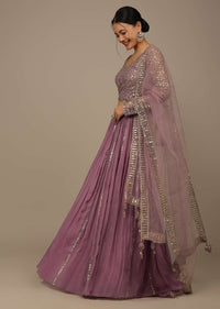 Onion Pink Festive Sequins And Zari Embroidered Lehenga Set In Chinon