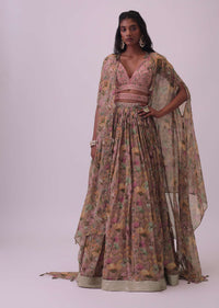 Onion Pink Floral Embroidered Silk Blouse And Organza Lehenga Set