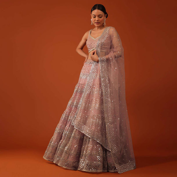 Onion Pink Georgette Lehenga Set With Sequin Embroidered Work