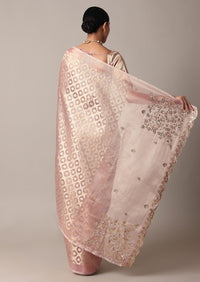 Onion Pink Gota Patti Embrodiered Saree In Chanderi Silk With Diagonal Zari Weave And Unstitched Blouse Piece