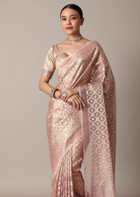 Onion Pink Gota Patti Embrodiered Saree In Chanderi Silk With Diagonal Zari Weave And Unstitched Blouse Piece