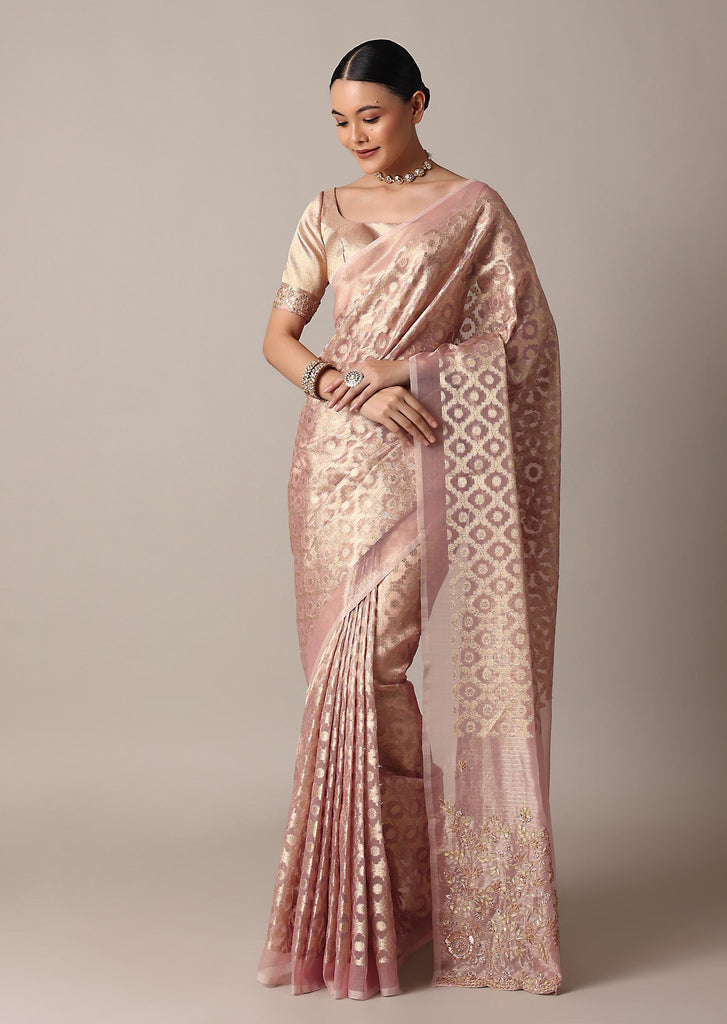 Onion Pink Gota Patti Embrodiered Saree In Chanderi Silk With Diagonal Zari Weave And Unstitched Blouse Piece