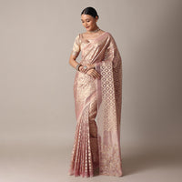 Onion Pink Gota Patti Embrodiered Saree In Chanderi Silk With Diagonal Zari Weave And Unstitched Blouse Piece