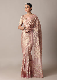 Onion Pink Gota Patti Embrodiered Saree In Chanderi Silk With Diagonal Zari Weave And Unstitched Blouse Piece