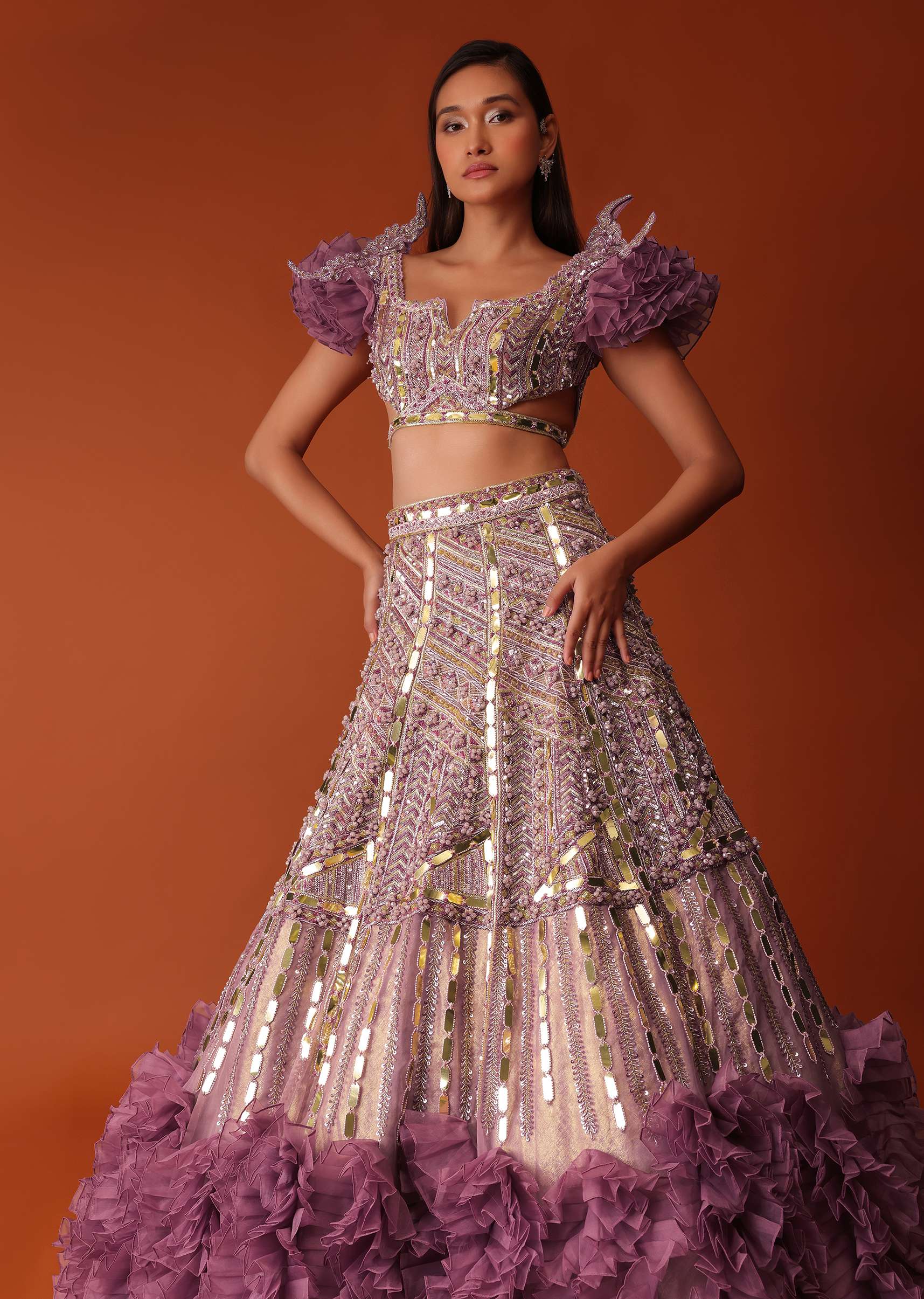 Onion Pink Heavy Organza Lehenga With Metal Work