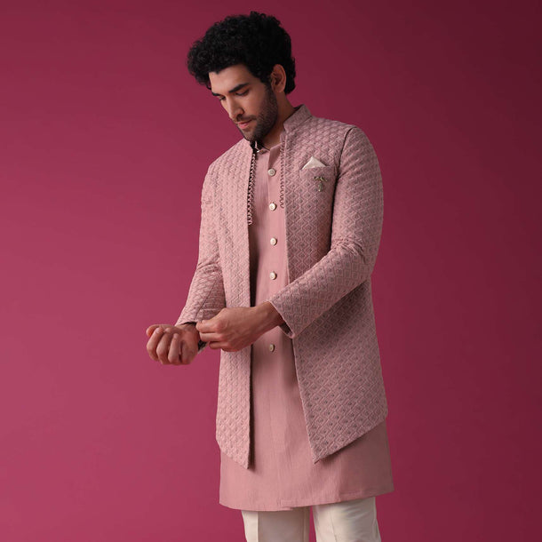 Onion Pink Jacket Kurta Set In Silk Blend With Threadwork And Sequins