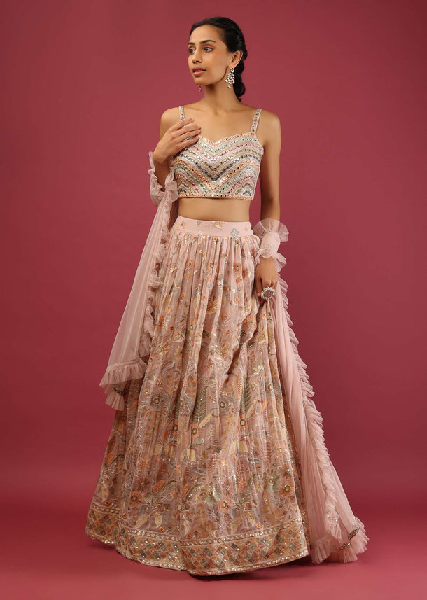 Onion Pink Lehenga Choli In Georgette With Colorful Resham Embroidered Floral Jaal And Mirror Work