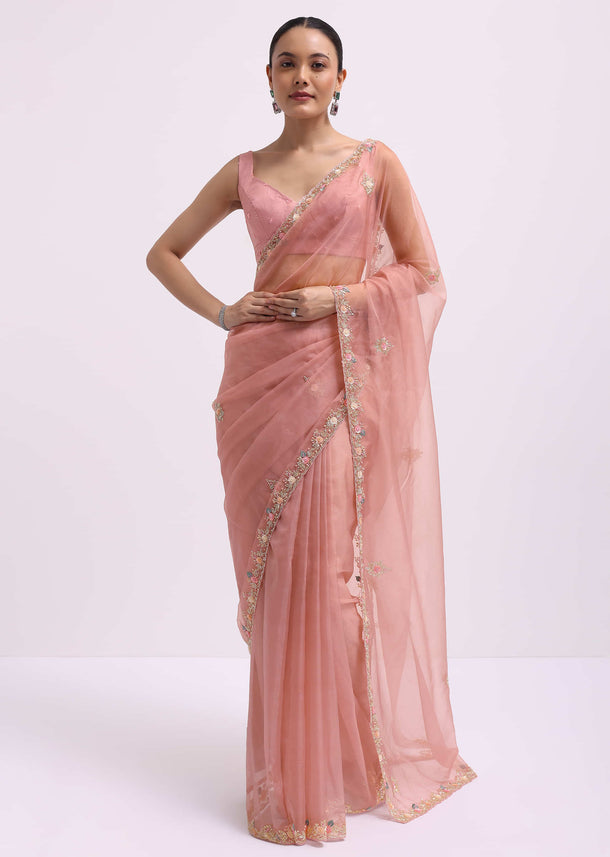 Onion Pink Organza Saree In Sequin With Unstitched Blouse