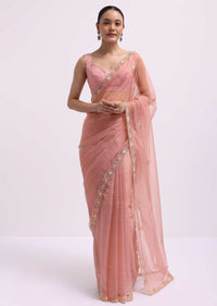 Onion Pink Organza Saree In Sequin With Unstitched Blouse