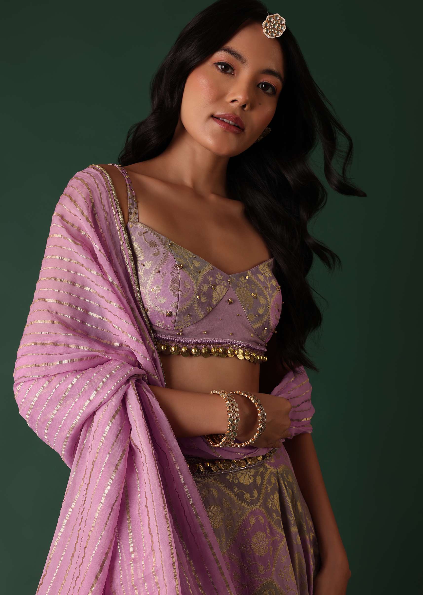 Onion Pink Printed Lehenga Set In Banarasi Silk