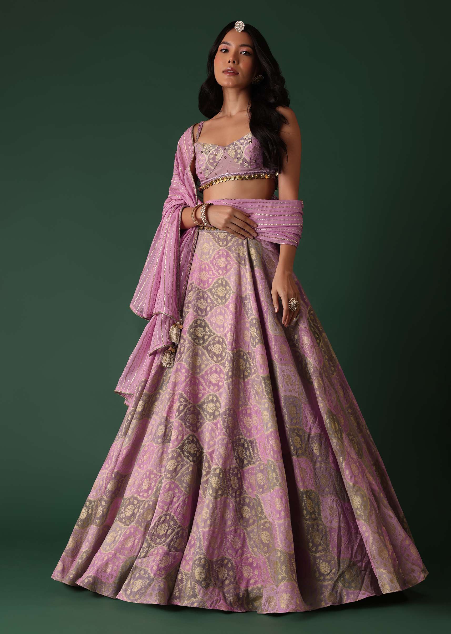 Onion Pink Printed Lehenga Set In Banarasi Silk