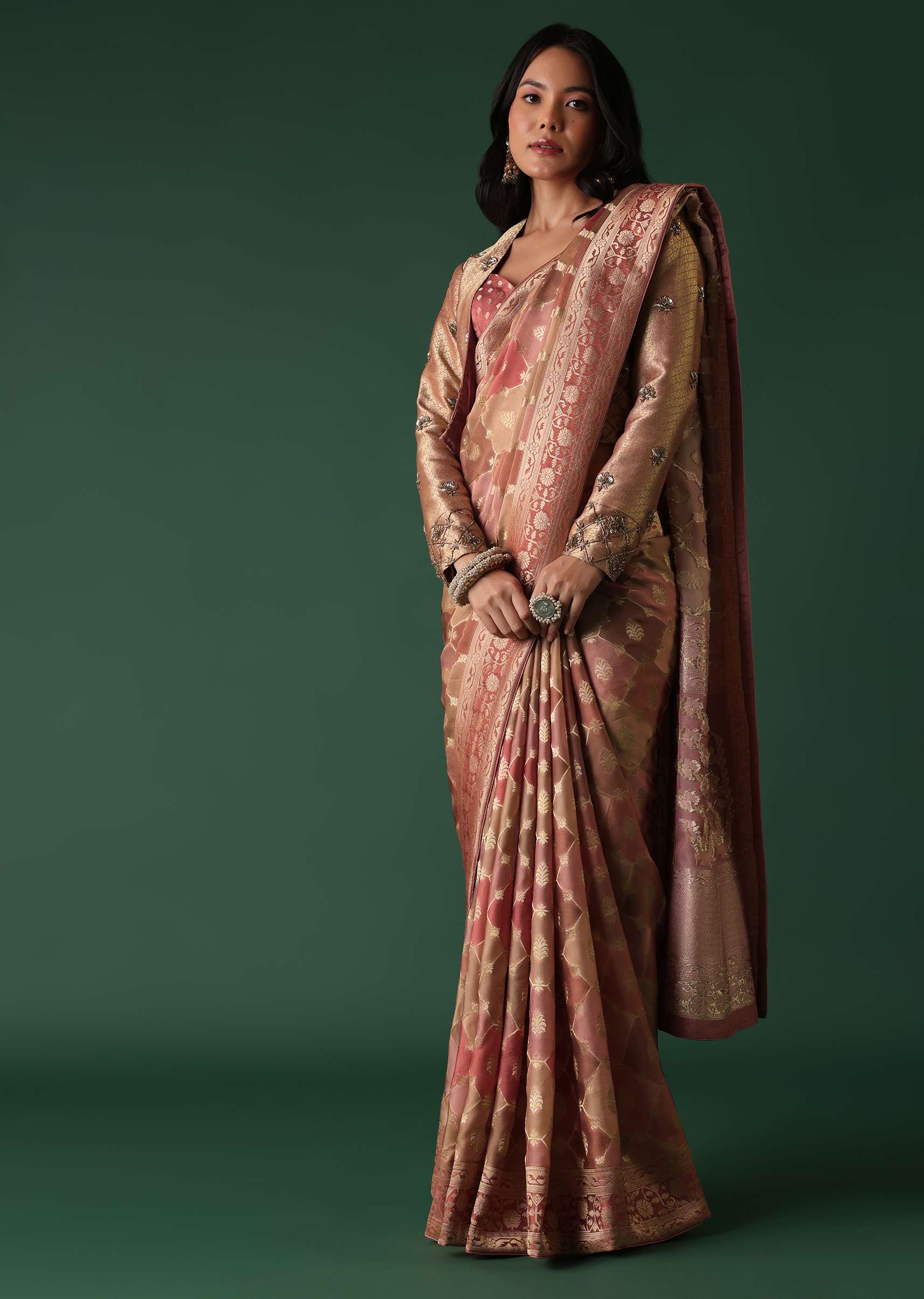 Onion Pink Printed Saree And Blouse Set With Jacket In Banarasi Silk