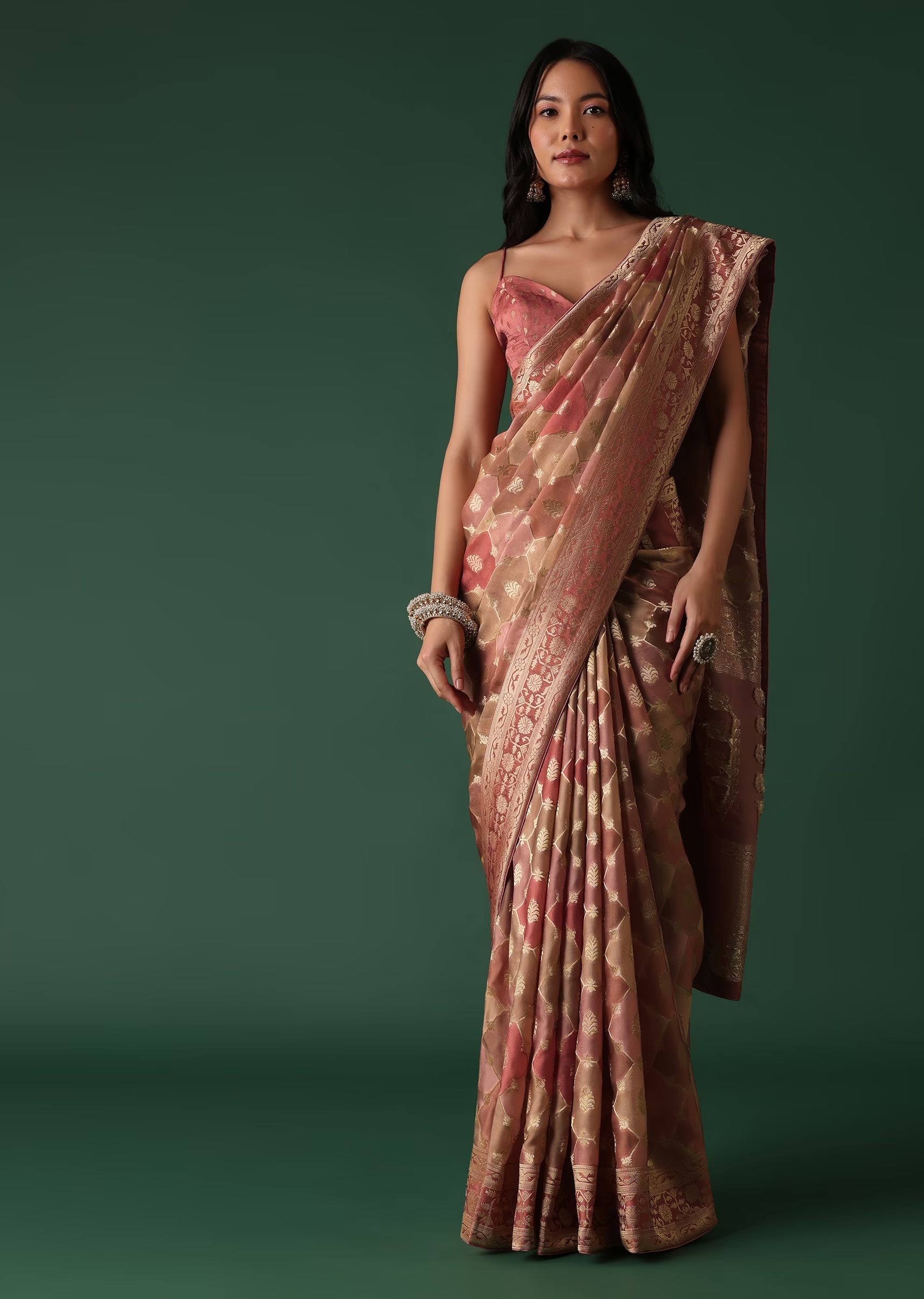 Onion Pink Printed Saree And Blouse Set With Jacket In Banarasi Silk