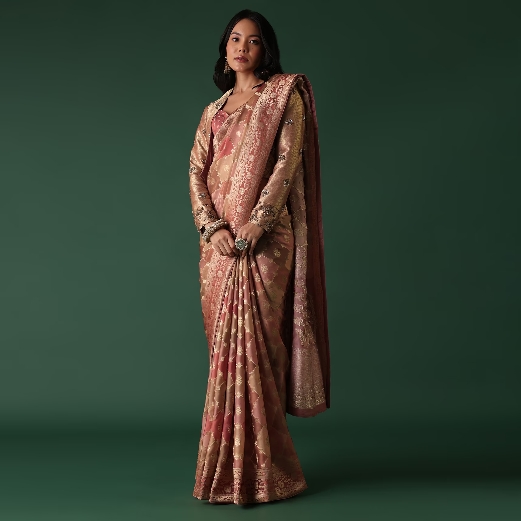 Onion Pink Printed Saree And Blouse Set With Jacket In Banarasi Silk