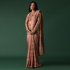 Onion Pink Printed Saree And Blouse Set With Jacket In Banarasi Silk