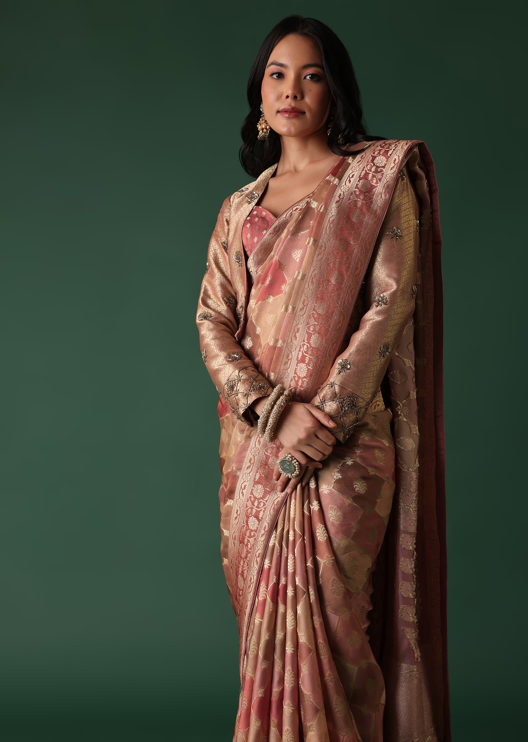 Onion Pink Printed Saree And Blouse Set With Jacket In Banarasi Silk