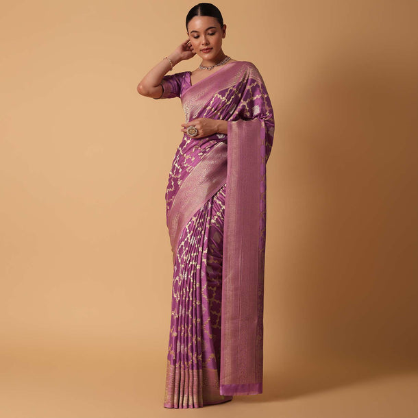 Onion Pink Satin Organza Saree With Moroccan Woven Jaal Detail And Unstitched Blouse Piece