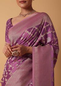 Onion Pink Satin Organza Saree With Moroccan Woven Jaal Detail And Unstitched Blouse Piece