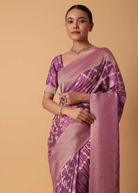 Onion Pink Satin Organza Saree With Moroccan Woven Jaal Detail And Unstitched Blouse Piece