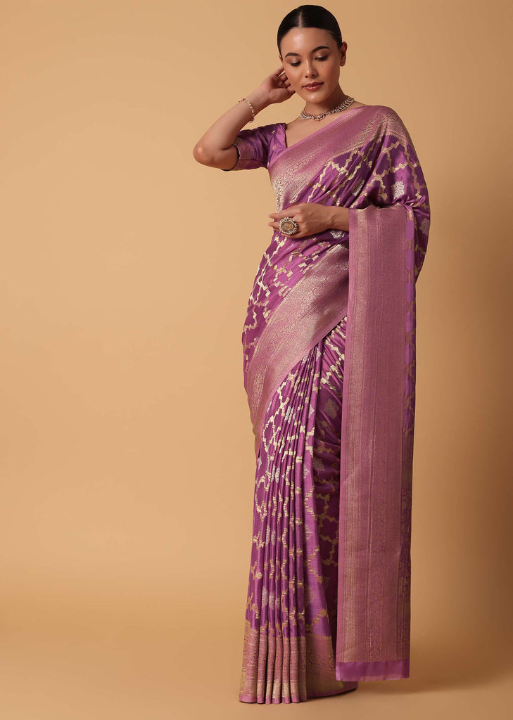 Onion Pink Satin Organza Saree With Moroccan Woven Jaal Detail And Unstitched Blouse Piece