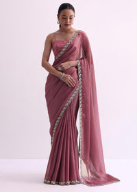 Onion Pink Textured Satin Saree With Cutdana Work And Unstitched Blouse Fabric