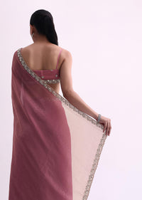 Onion Pink Textured Satin Saree With Cutdana Work And Unstitched Blouse Fabric