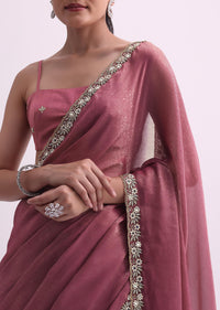 Onion Pink Textured Satin Saree With Cutdana Work And Unstitched Blouse Fabric