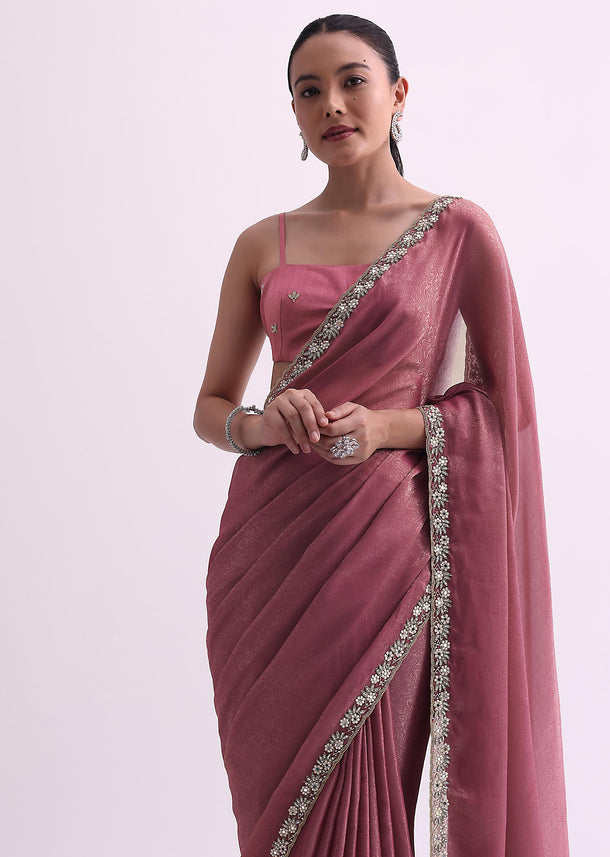 Onion Pink Textured Satin Saree With Cutdana Work And Unstitched Blouse Fabric