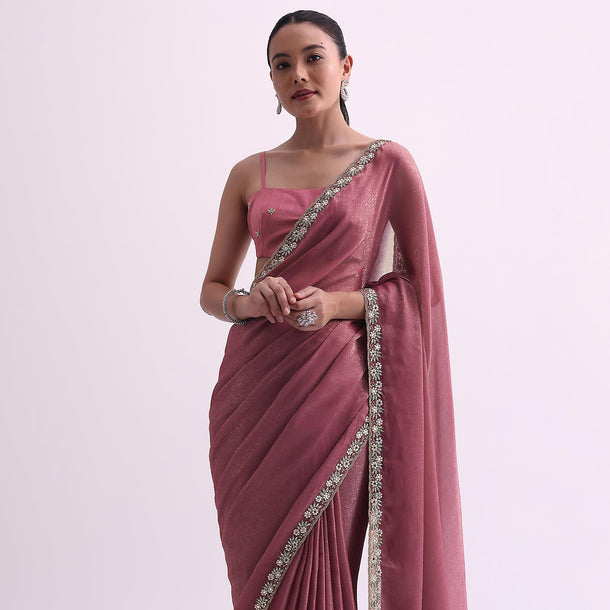 Onion Pink Textured Satin Saree With Cutdana Work And Unstitched Blouse Fabric