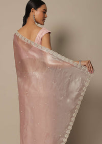 Onion Pink Tissue Saree With Cutdana Work And Unstitched Blouse Piece