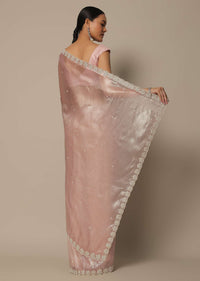 Onion Pink Tissue Saree With Cutdana Work And Unstitched Blouse Piece