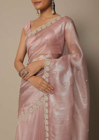 Onion Pink Tissue Saree With Cutdana Work And Unstitched Blouse Piece