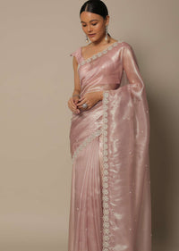 Onion Pink Tissue Saree With Cutdana Work And Unstitched Blouse Piece