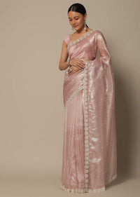 Onion Pink Tissue Saree With Cutdana Work And Unstitched Blouse Piece