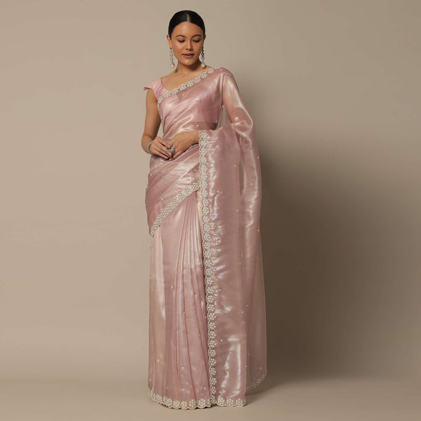 Onion Pink Tissue Saree With Cutdana Work And Unstitched Blouse Piece