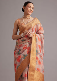 Onion Pink Tissue Silk Printed Saree With Zari Woven Contrast Border And Pallu