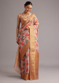 Onion Pink Tissue Silk Printed Saree With Zari Woven Contrast Border And Pallu
