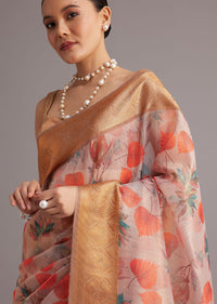 Onion Pink Tissue Silk Printed Saree With Zari Woven Contrast Border And Pallu