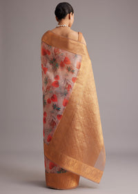 Onion Pink Tissue Silk Printed Saree With Zari Woven Contrast Border And Pallu