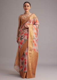 Onion Pink Tissue Silk Printed Saree With Zari Woven Contrast Border And Pallu