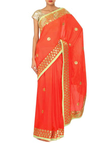 Orange Saree With Gotta Patch Embroidered Border Online - Kalki Fashion