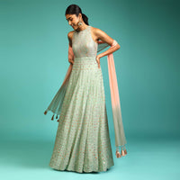 Opaline Green Anarkali Suit In Georgette With Halter Neckline And Multi Colored Resham And Mirror Embroidery All Over