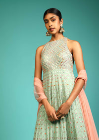 Opaline Green Anarkali Suit In Georgette With Halter Neckline And Multi Colored Resham And Mirror Embroidery All Over